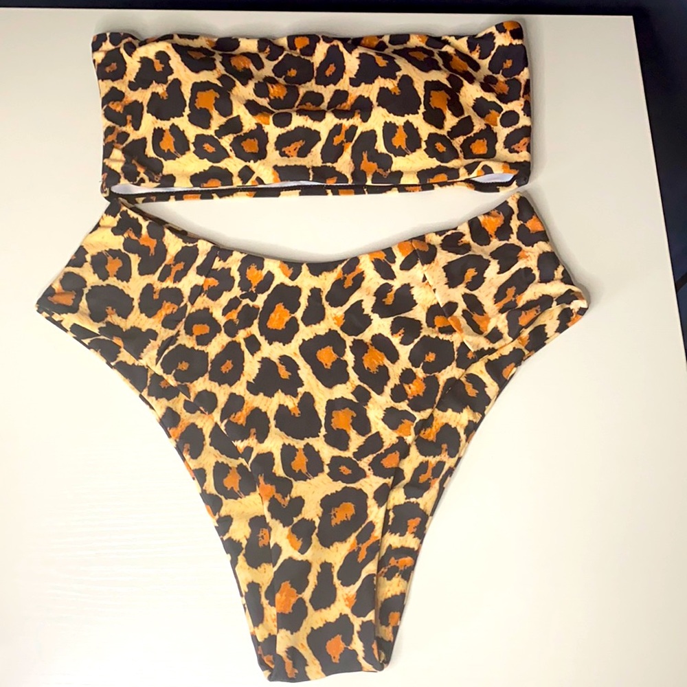 Leopard high waisted bandeau bathing suit